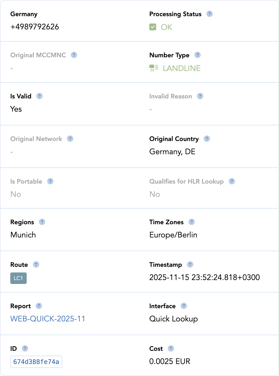 Quick MNP Lookup Results